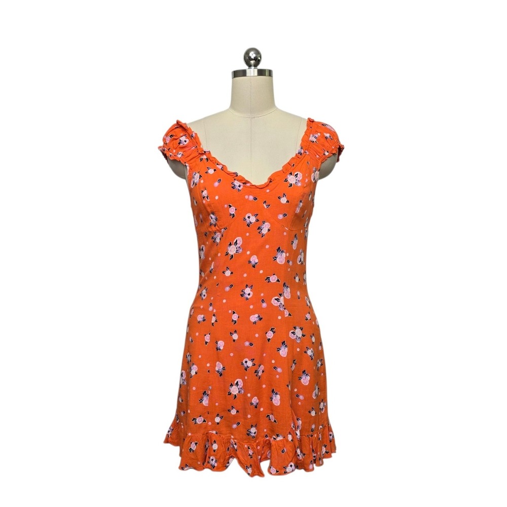 Free People Womens Orange Floral Polka Dot Ruffle Mini‎ Dress Open Back Size XS